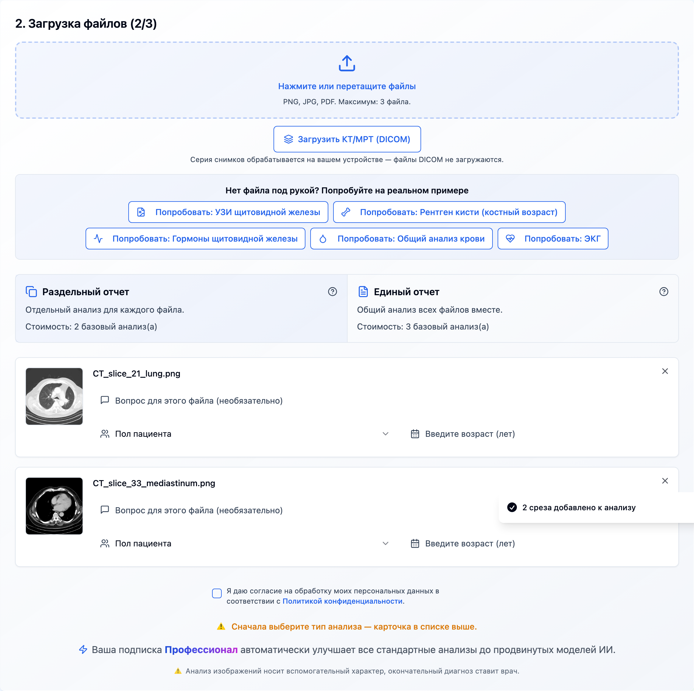 Два среза КТ в списке файлов анализа